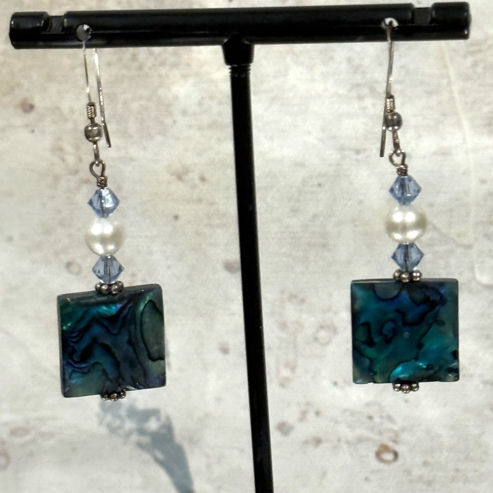 Estate Abalone Shell Pearl Crystal Sterling Silver Earrings NEVER WORN - Picture 2 of 4
